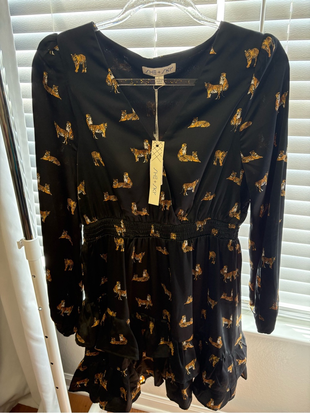 She + Sky Black Dress with Gold Tiger Print and Ruffle Hem